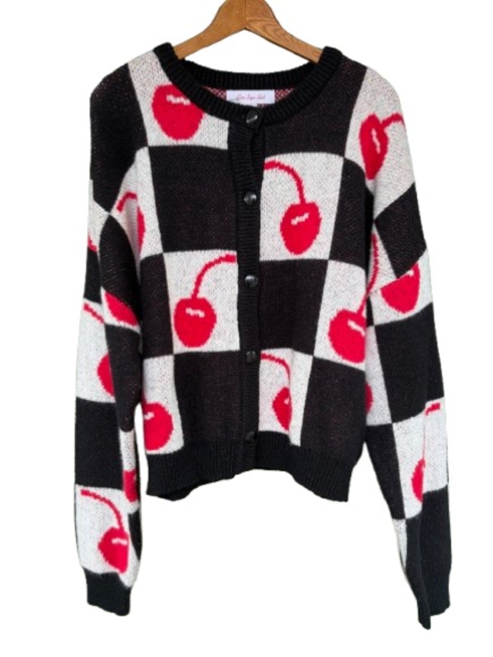 Lisa Says Gah Lauda Cardigan Sweater Cherry Check Size XL/2X Black White Red